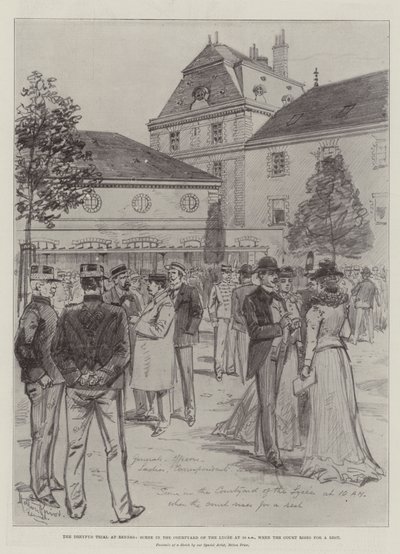 レンヌでのドレイファス裁判、午前10時のリセの中庭のシーン 作： Melton Prior